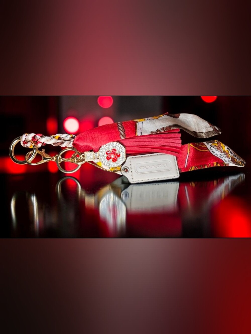 Coach Red Silk Scarf and Tassel Keychain Charm NWOT - Picture 2 of 12
